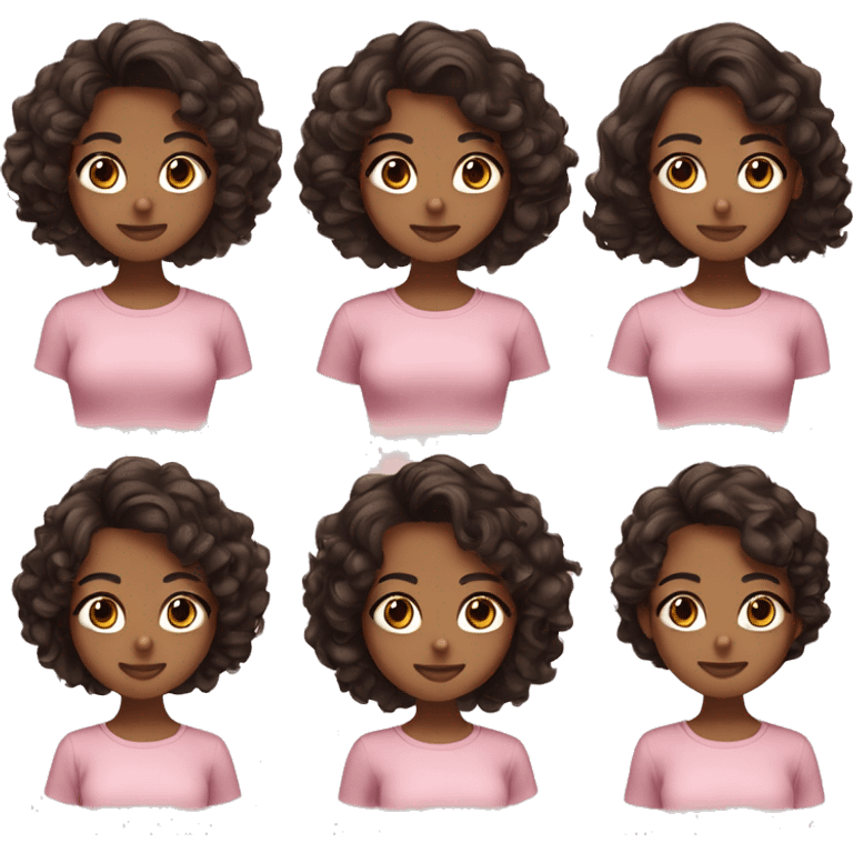 A girl with Olive skin and big dark brown round eyes, and medium nose, full lips, tall 3b curly hair, medium brown hair, wearing light pink and dark brown shirt  emoji