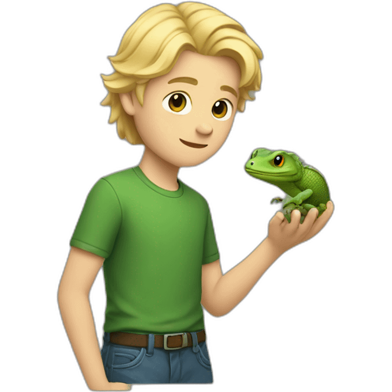 a white boy holding a lizard, wearing a green shirt with side swept blonde hair emoji