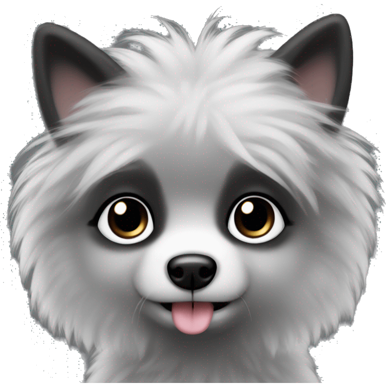 small fluffy grey dog with fluffy black ears and black around both eyes like a raccoon with big cute eyes and girly  emoji