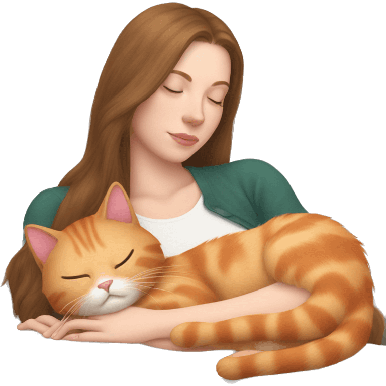 Light red kitty sleeping on light brunette white girl's lap emoji