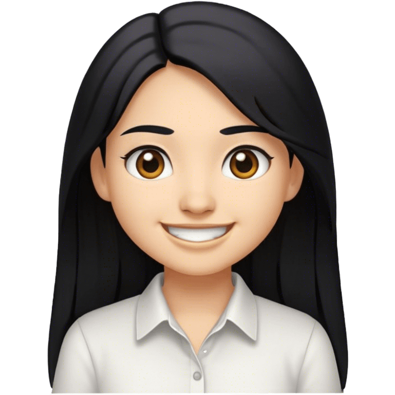 Chica sonriendo con camisa blanca, color de cabello negro, cabello largo, color de piel trigueña, ojos un poco pequeños  emoji