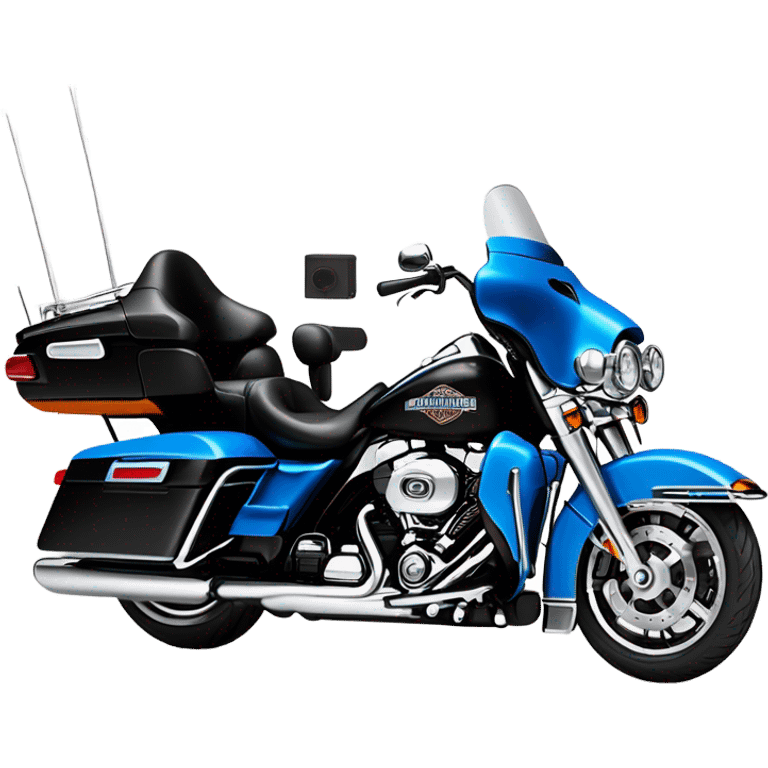 harley davidson electra glide ultra classic with big blue pearl and vivid black two color paint scheme with recurve windshield, a radio antenna and a citizen's band radio antenna and an older gu sitting on the seat. emoji