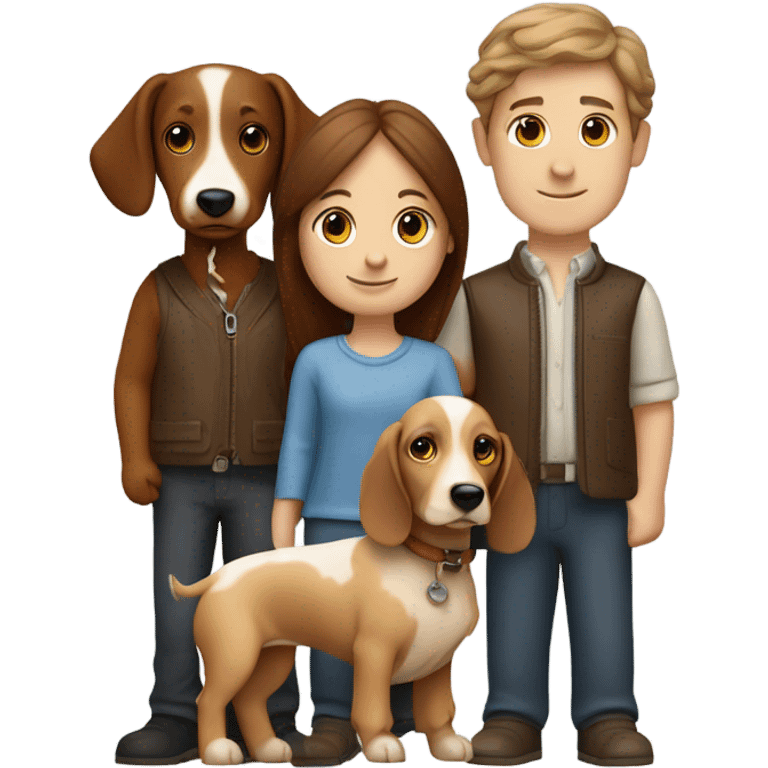 A couple (boy and girl) with a spaniel called spencer and a sausage dog called ludo  emoji