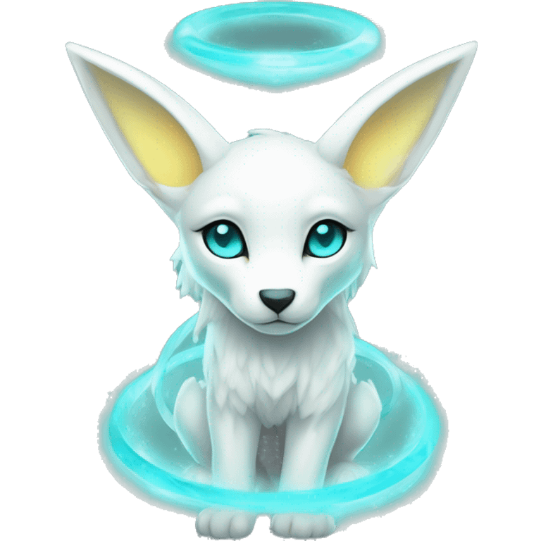 Shiny White Angelic Godly Ethereal Majestic Electric Albino Umbreon. cyan eyes and cyan markings. Golden Anubis-rings. full body emoji