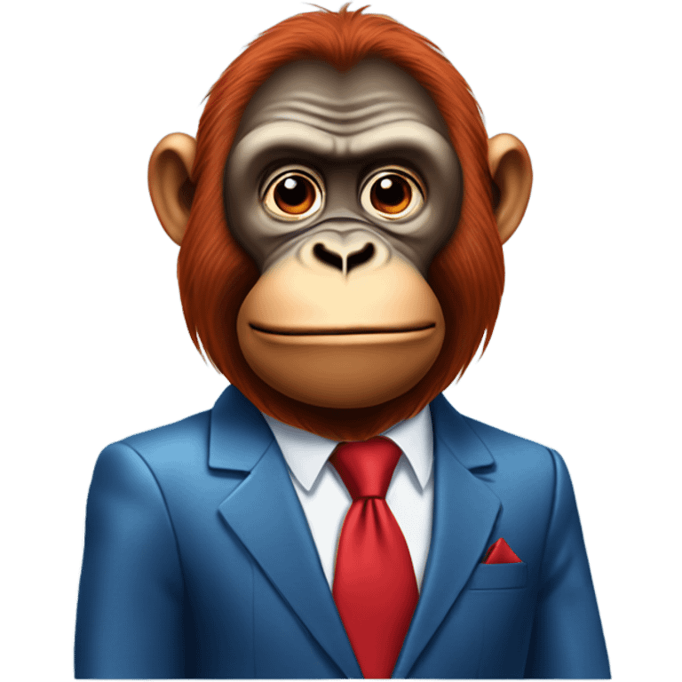 Orangutan in a blue suit with a red tie. Pouting face and a comb-over emoji