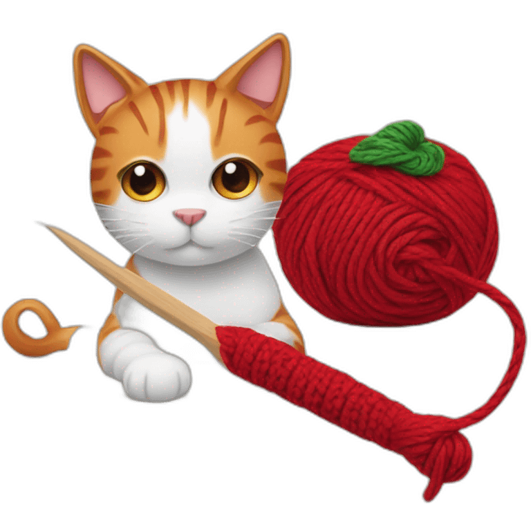 yarn with a crochet hook and a red and white cat nearby emoji