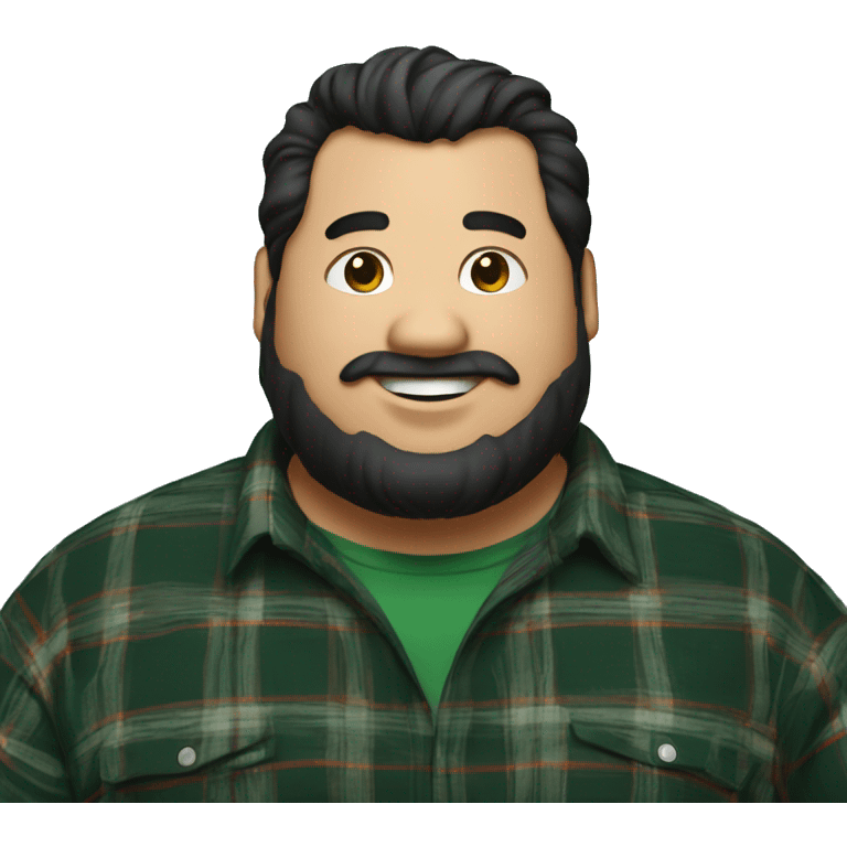 Fat man wearing a darkgreen and black plaid flannel shirt profile picture, happy, black hair emoji