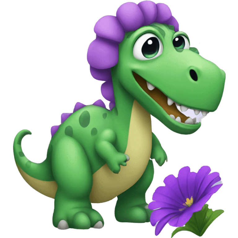 Green dino with violet flower emoji