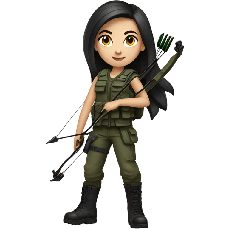 girl with black tactical vest, armed with bow and arrow, long dark hair, bright blue eyes, light skin, army green cargo pants, black tank top, black combat boots, slim emoji