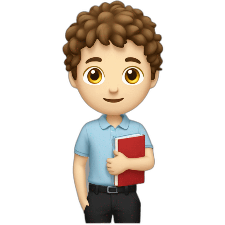 Caucasian-boy-child-shaggy-brown-hair-red-polo-shirt-black-trousers-doing-homework emoji