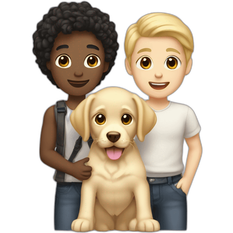 white gay couple blackhair-slightly-curly holding one light yellow labrador retriever puppy emoji