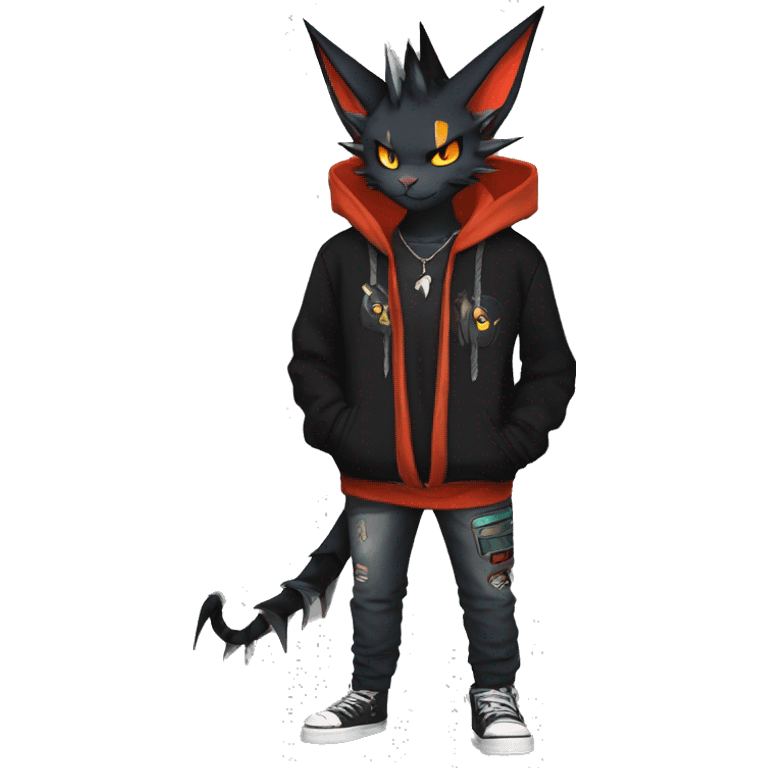 Cool Anthro Black Noivern-Nargacuga-Litten-cat-Pokémon with edgy stripes hoodie spiked collar punk Full Body emoji