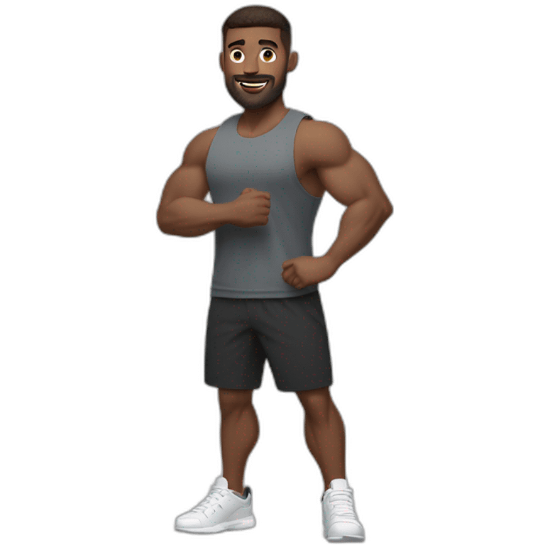 Full height Actively gesturing with hands Pale skinned Fit Man With the biceps and brown hair in dark gray Sleeveless Mike, black oversize sports shorts and white Sneakers emoji