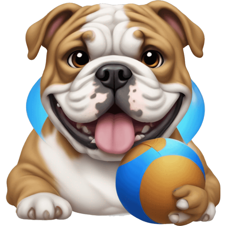 English bulldog playing with blue ball emoji