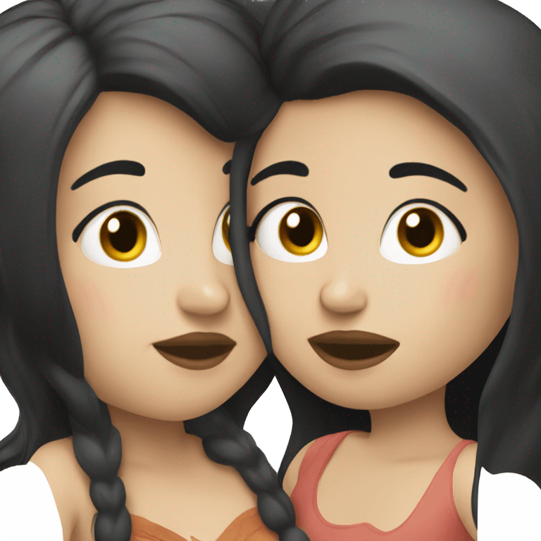 Lesbian women kiss. They have long black hair and white skin color. emoji