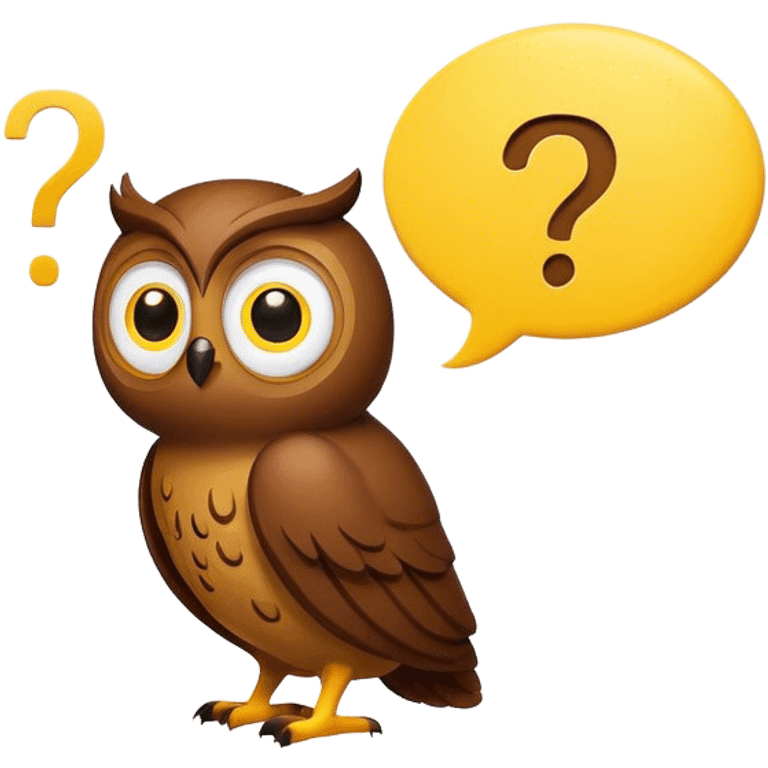 Small all Brown owl looking at a yellow question mark inside a thought bubble emoji