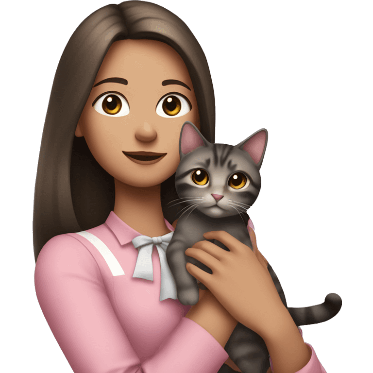 Brunette girl with straight hair in a pink blouse, holding a gray, striped, brown-eyed cat with a bow in her arms emoji