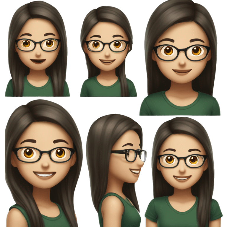 Hyper realistic, look from side, asian girl, light white skin, smiling with teeth, black eyes, spotted frame glasses, long brown straight hair with highlighted strands, black T-shirt, dark green cap. emoji