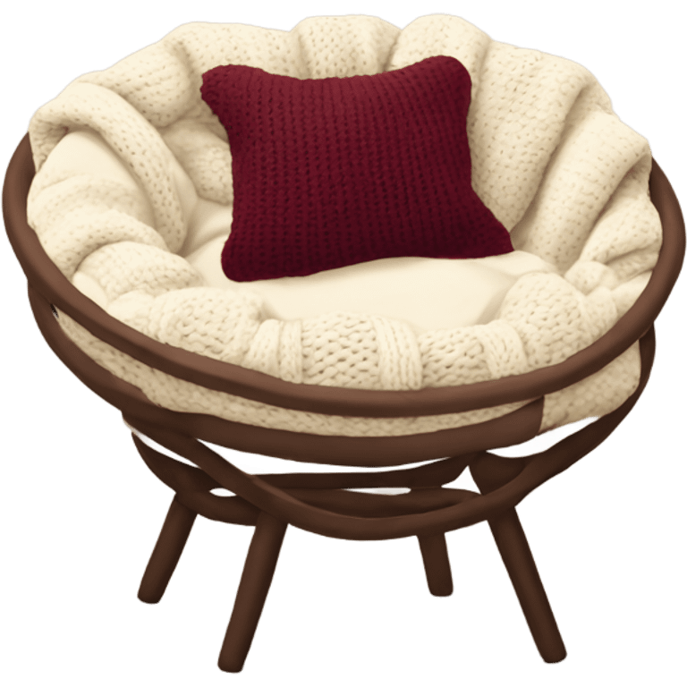 Cozy cream papasan chair with maroon pillow and chunky knit blanket emoji