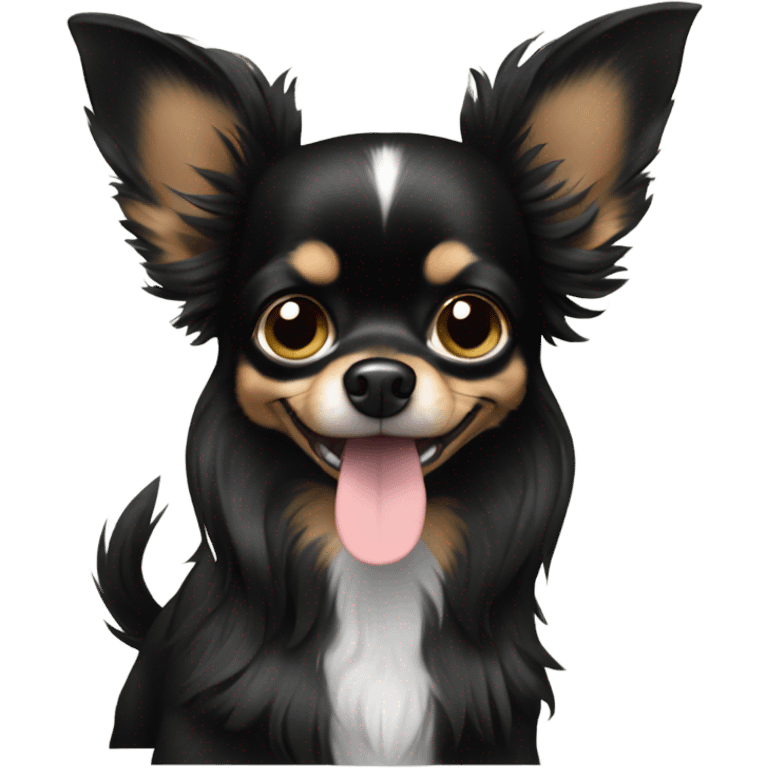 Long haired Black Chihuahua giving peace sign emoji