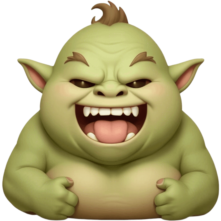 Cinematic Cute Yawning Ogre Portrait Emoji, with a surprisingly cuddly, rotund figure in soft earthy greens and browns, head tilted back in a big, gentle yawn exposing a set of comically oversized teeth, simplified yet irresistibly adorable, highly detailed with a soft glowing outline that captures the sleepy charm of a friendly ogre after a long day of gentle mischief! emoji