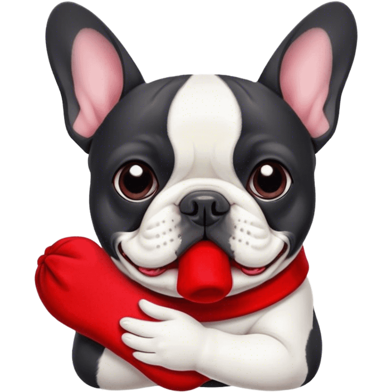 Black and white frenchie eating a red sock  emoji