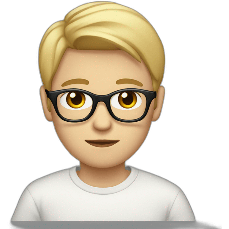 thin white teenager with blond hair.  He is cross-eyed and wears black glasses.  he has a triangular shaped head.  he's also wearing a white sweater. he has brown eyes emoji