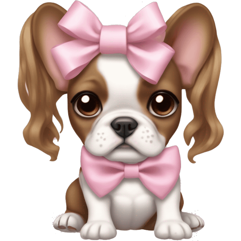 pale girl with medium brown wavy hair with bright hazel eyes and wearing a light pink hair bow holding a brown and white french bulldog puppy also wearing a hair bow emoji