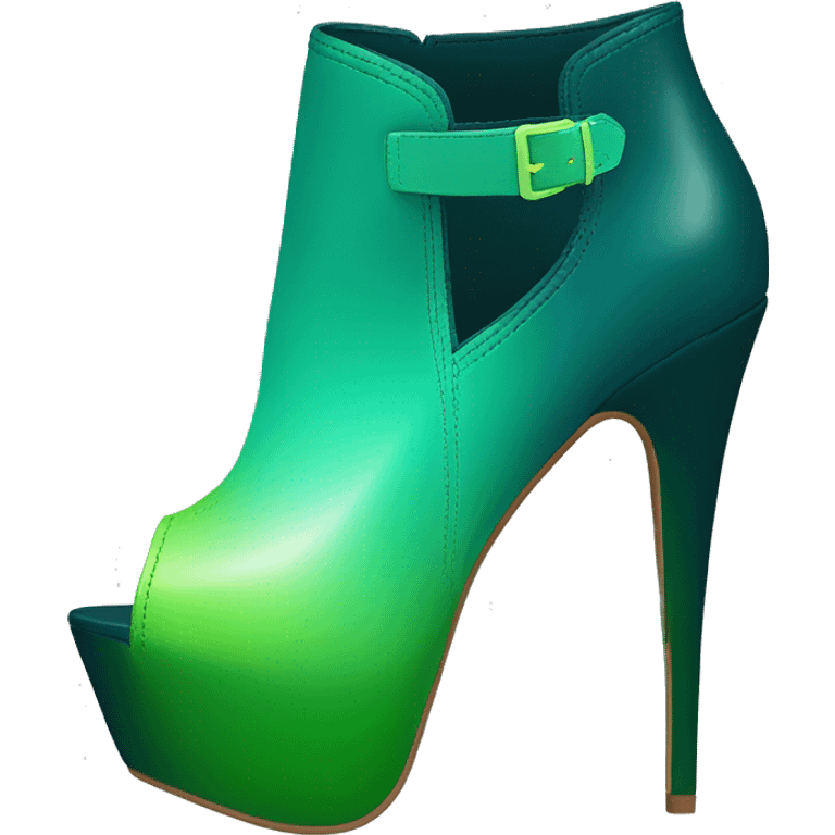 Realistic isolated top front view of a pair of dark teal,lime green,mint green and emerald green ombre high heel peep toe ankle bootie boots. emoji