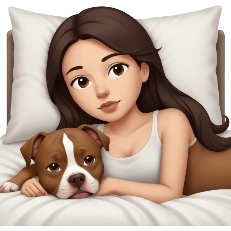 Girl long dark brown hair in layers cascading  down her face lays bed with her cell phone and her brown pit bull lays guarding her emoji