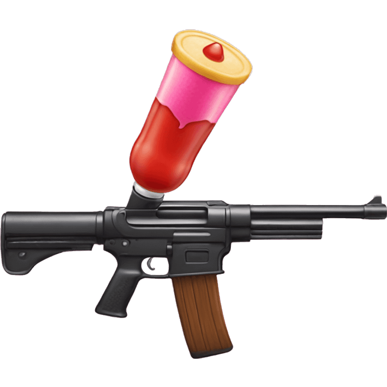 Toy gun that is shooting a pink bullet  and ketchup on it emoji