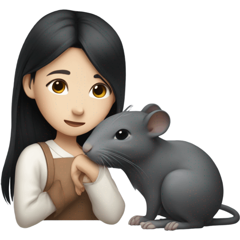 A korean girl with long black hair whispering to a grey rat emoji