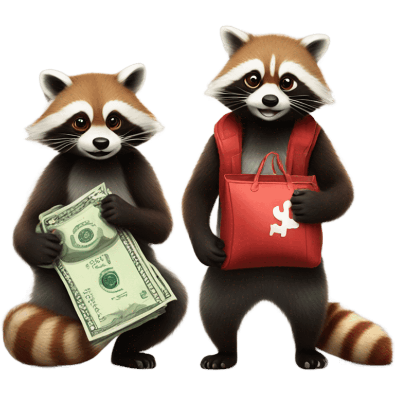 1 raccoon and 1 red panda each holding a bag of cash emoji