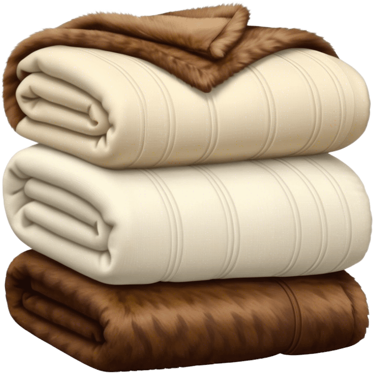 Stack of folded luxury blankets, one cream-colored knit and one brown fur emoji