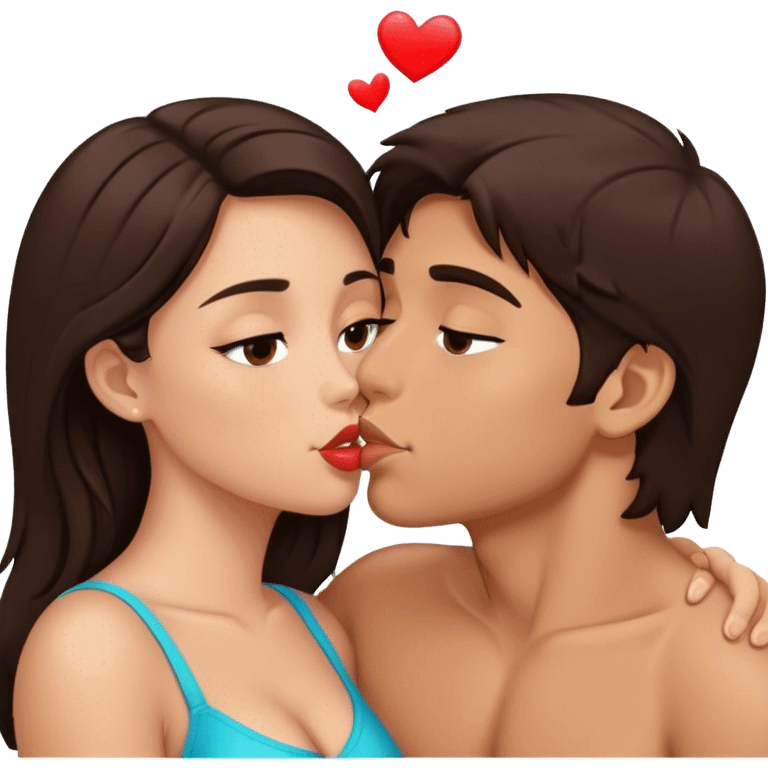 Brunette girl and brunette boy in love kissing emoji