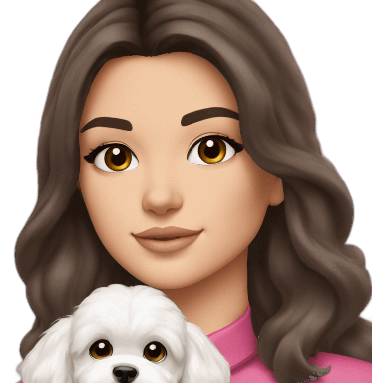 brunette Kendall Jenner with long hair holding on the hands white maltipoo wear on pink collar emoji