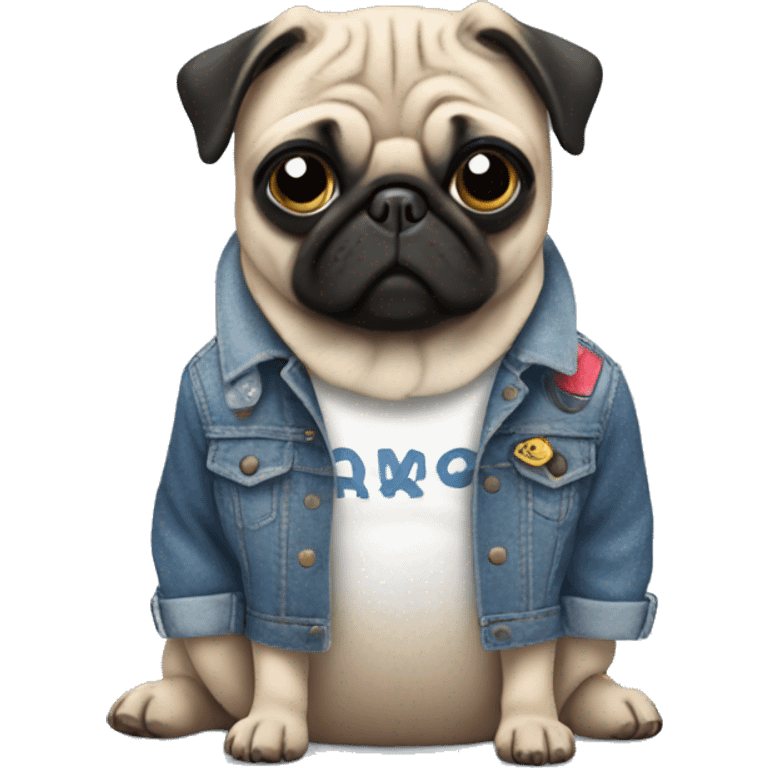 pug wearing a denim jacket with patches emoji