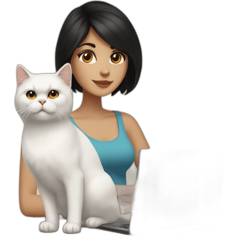 woman with black medium lenght hair and brown eyes with a laptop and a white and orange persian cat emoji