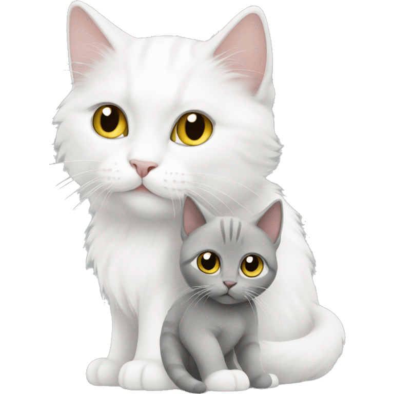 An adult white cat with a baby fluffy grey cat emoji