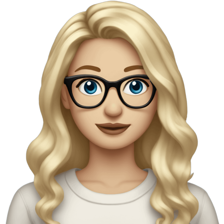 Blonde balayage long hair white women sweater blue eyes and small glasses holding mac book emoji