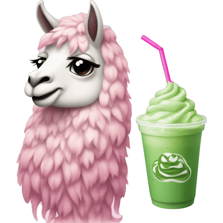 cute llama holding a matcha frappe while it has baddie pink nails aesthetic  emoji