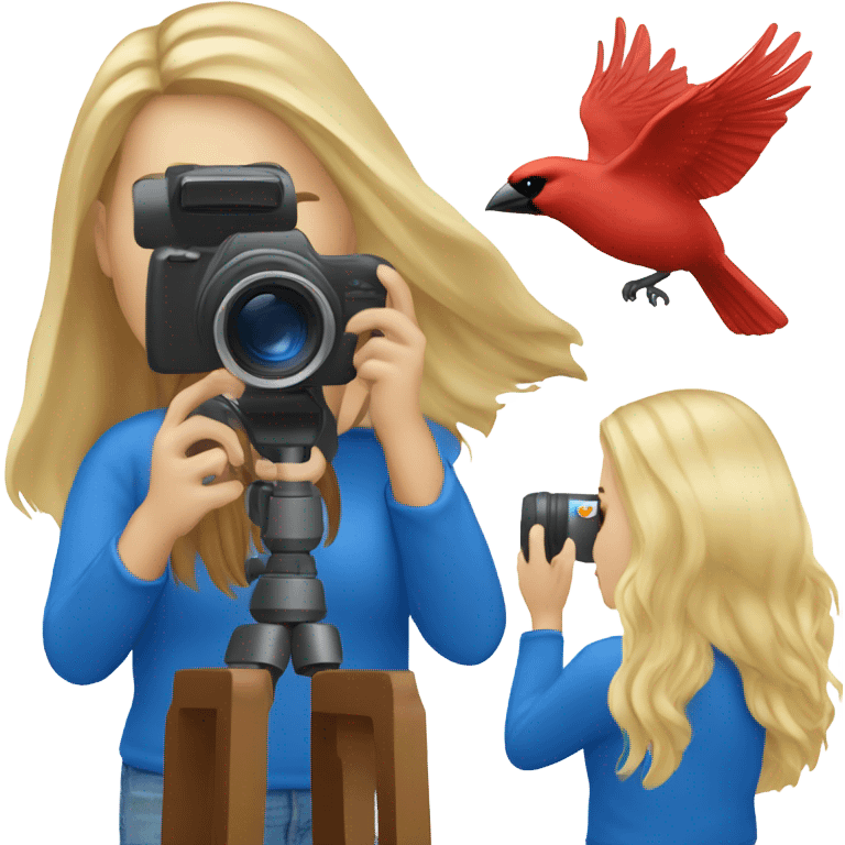 Long hair blonde girl with camera taking pictures of cardinals and blue jays emoji