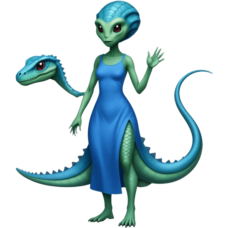 a reptilian alien woman full body, in blue dress emoji