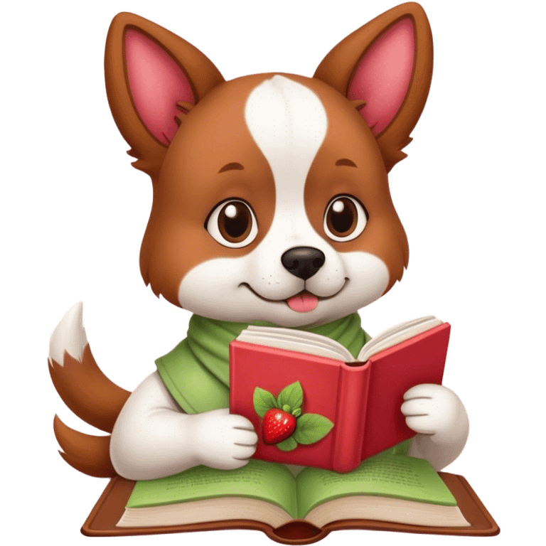 Dog reading a book with a strawberry matcha latte emoji