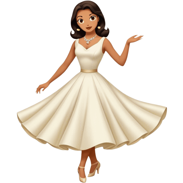 Beautiful woman in 1950’s woman fashion look, white dress, long dark brown hair, balboa dance emoji