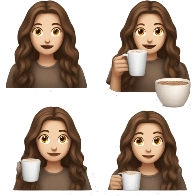 White girl with brown long hair and hot chocolate  emoji