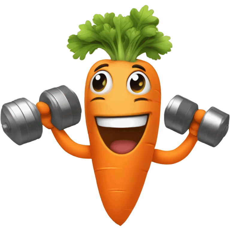 Generate an energetic carrot emoji wearing a sweatband, lifting tiny dumbbells, and looking motivated. emoji