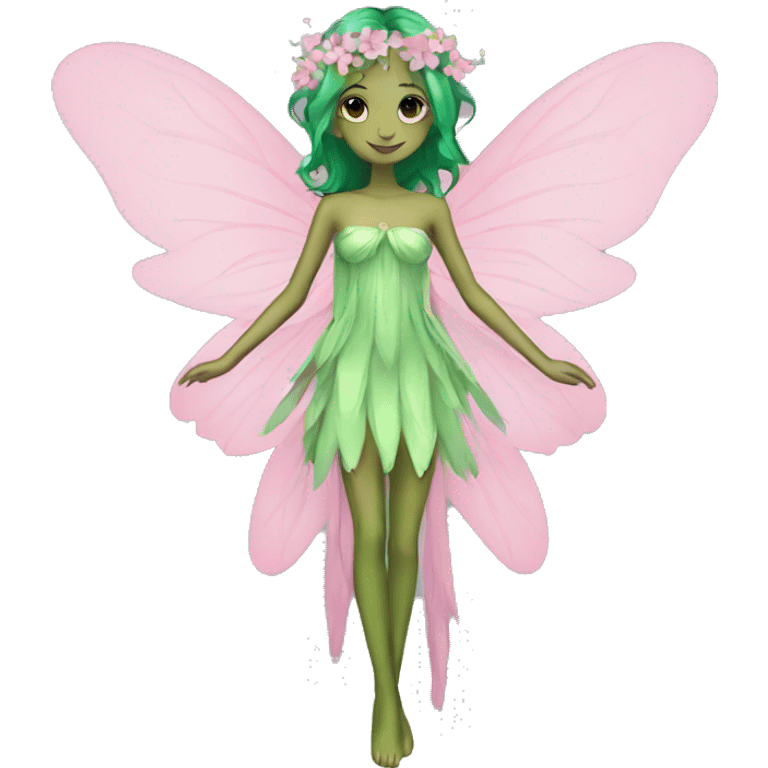 A skinny fairy, green hair, wings, pink dress with flowers  emoji