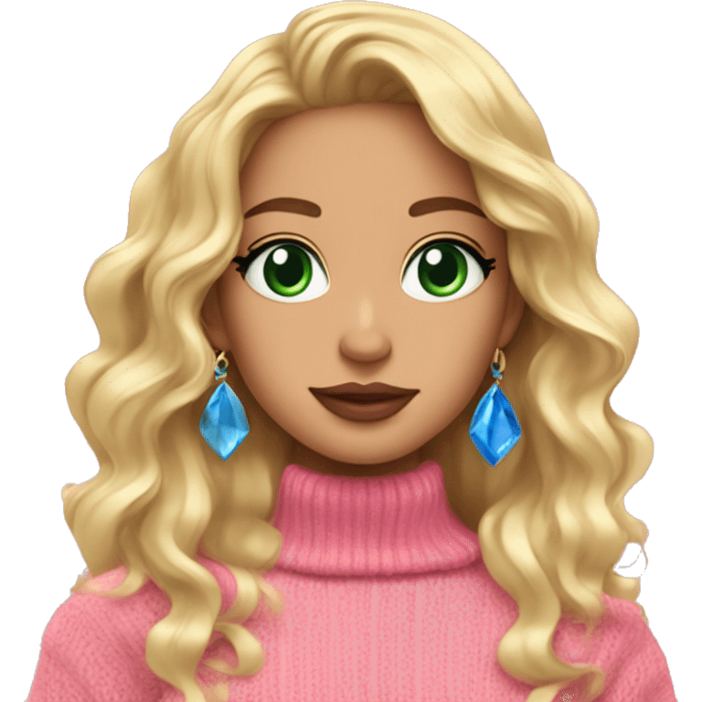 girl pink sweater pink lipstick green eyes blue earrings pink nails golden wavy long hair full body emoji