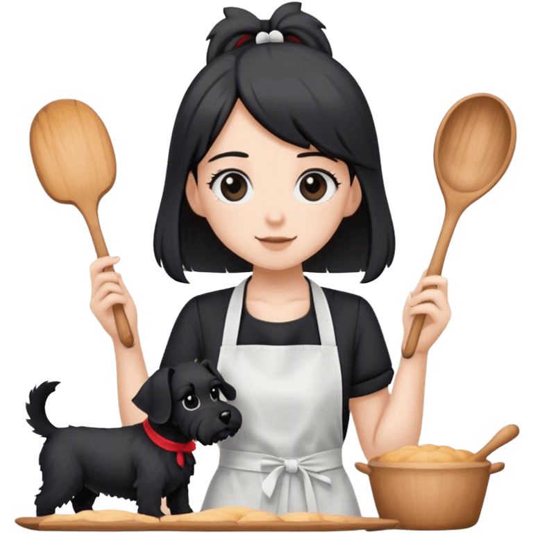 pale girl with long back hair wearing black long shirt wearing apron and baking holding black floppy ear schnauzer emoji